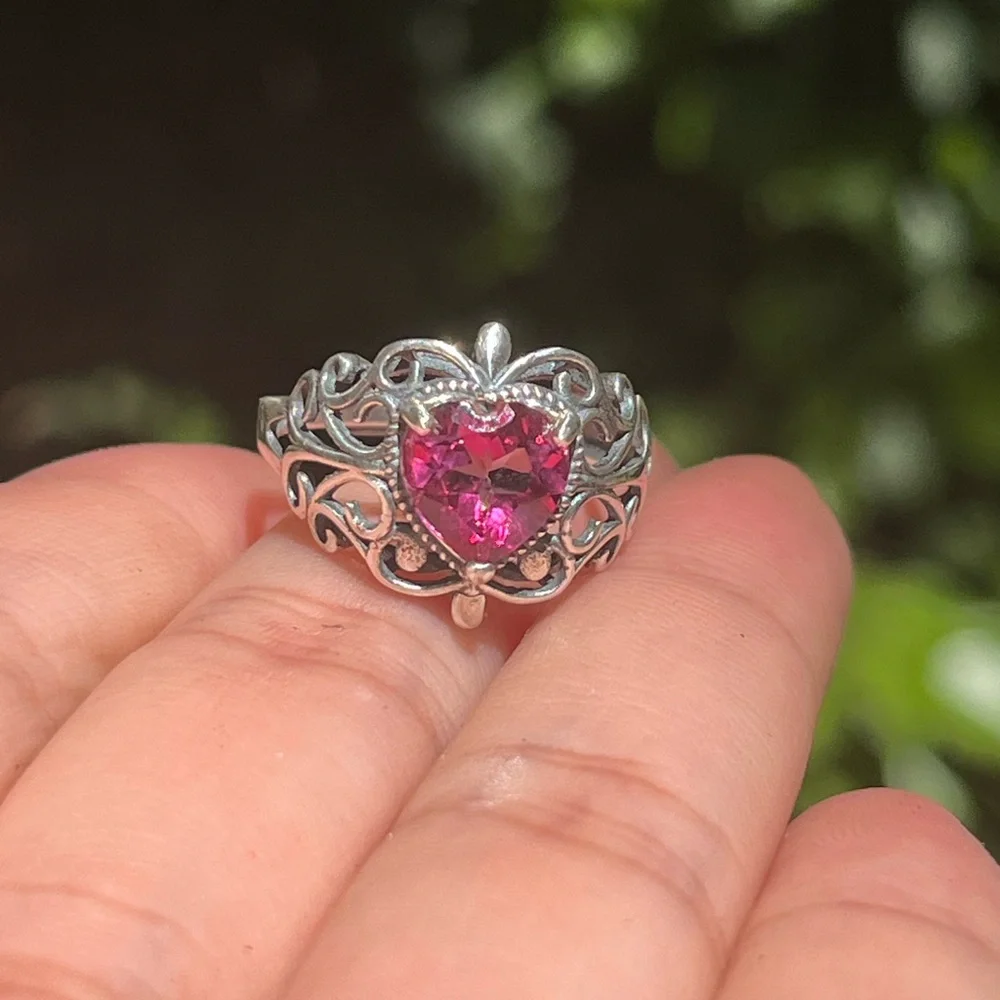 Sterling silver adjustable pink topaz heart ring